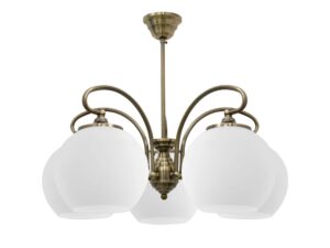 Miniaturka 2 - Lampa wisząca Amodeta pięć białych kloszy patynowana miedź