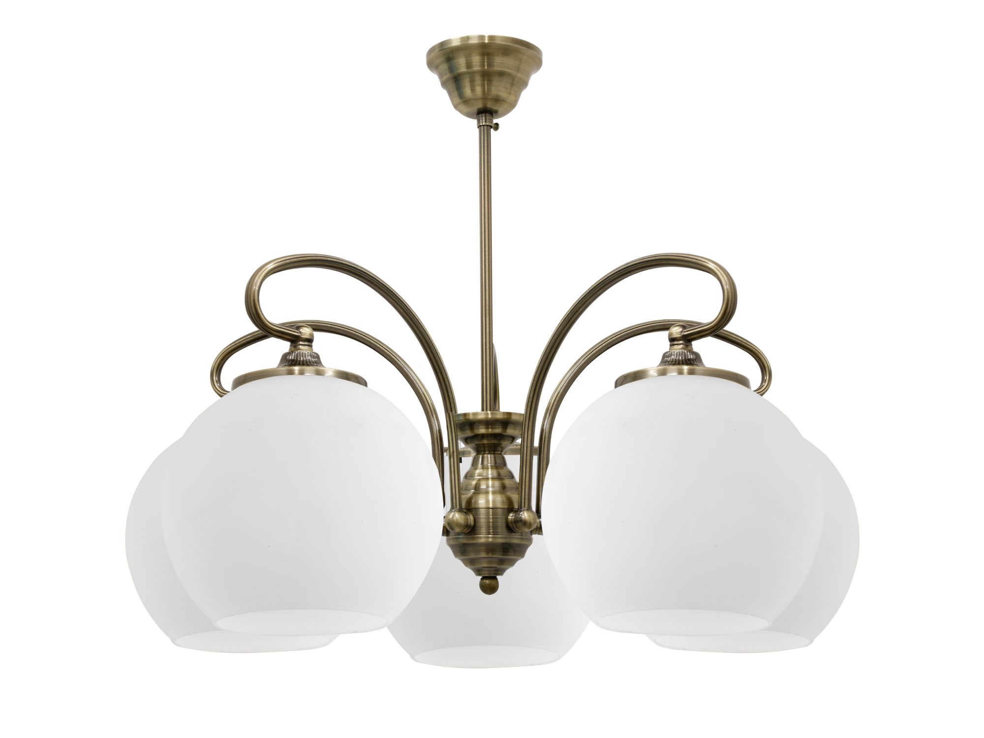 Lampa wisząca Amodeta pięć białych kloszy patynowana miedź