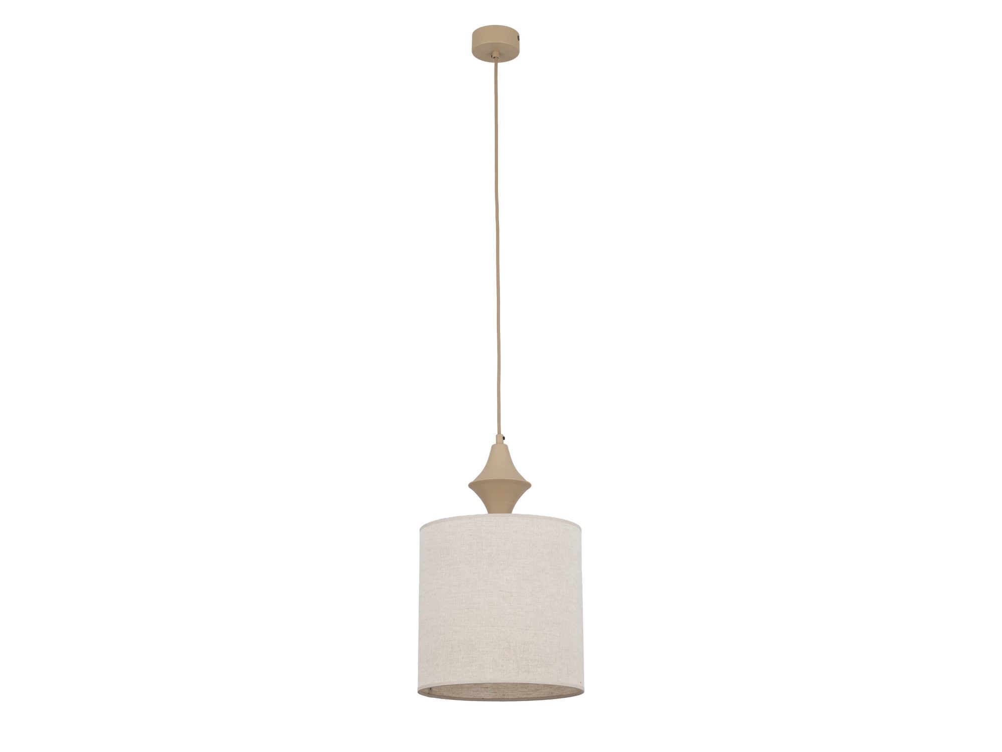 Lampa wisząca Amura w piaskowym beżu z lnianym abażurem na białym tle