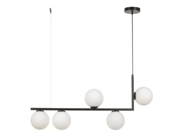 Lampa wisząca Andy 5 czarna z białymi szklanymi kulami na białym tle