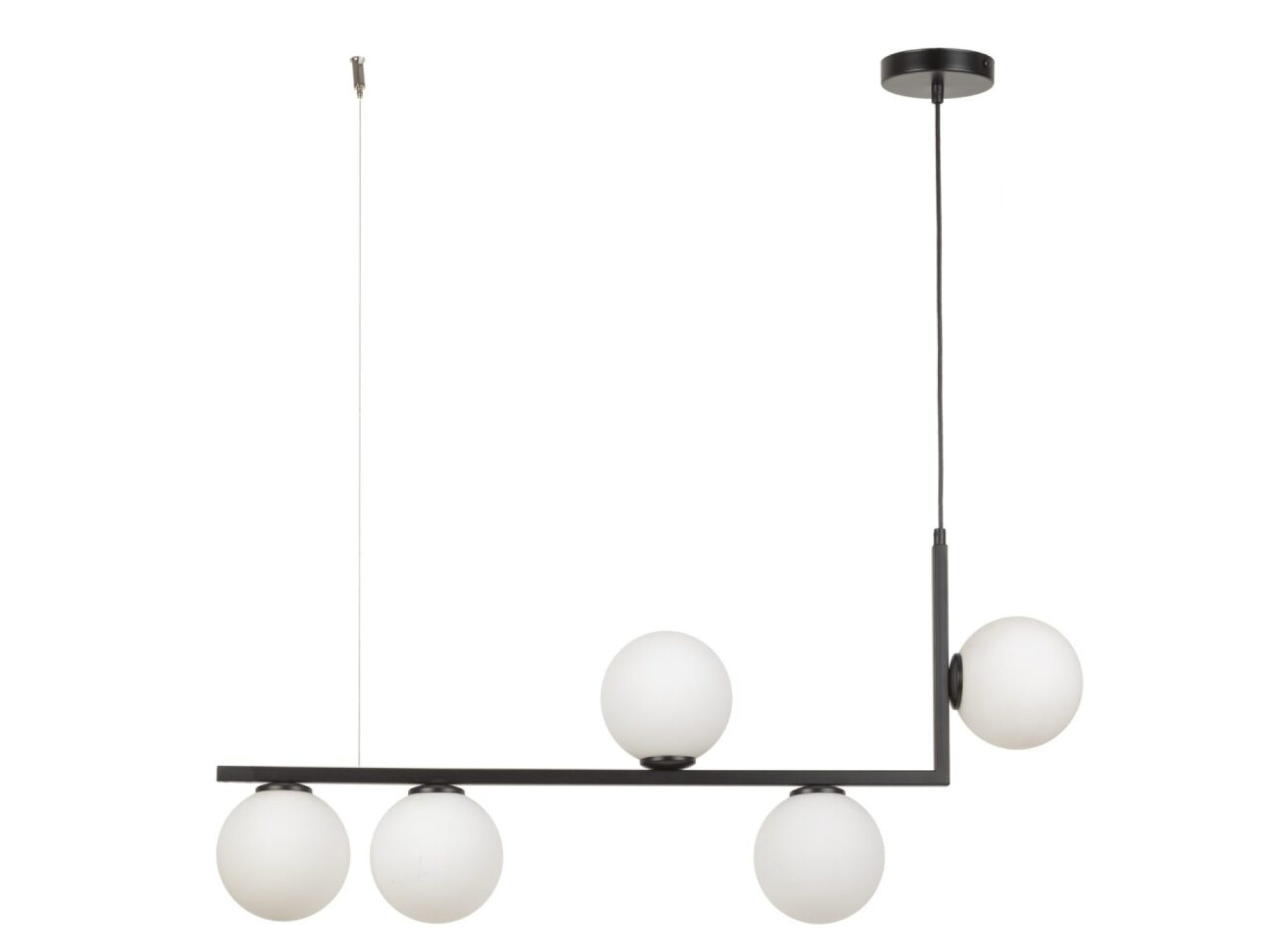 Lampa wisząca Andy 5 czarna z białymi kulami – ujęcie wymiarowe