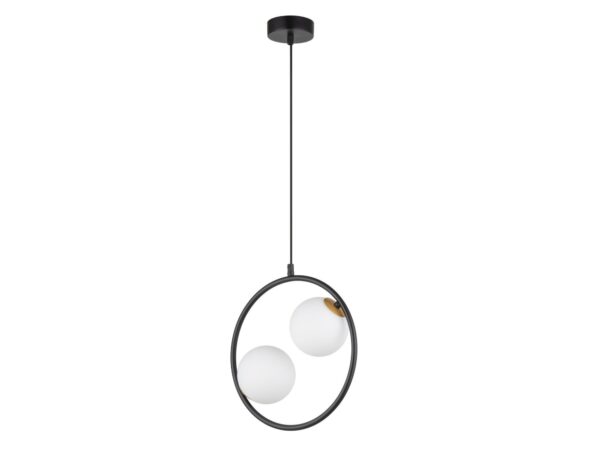 Lampa wisząca Aqua 2 czarna z dwoma białymi szklanymi kulami w stalowym okręgu, ujęcie całej lampy