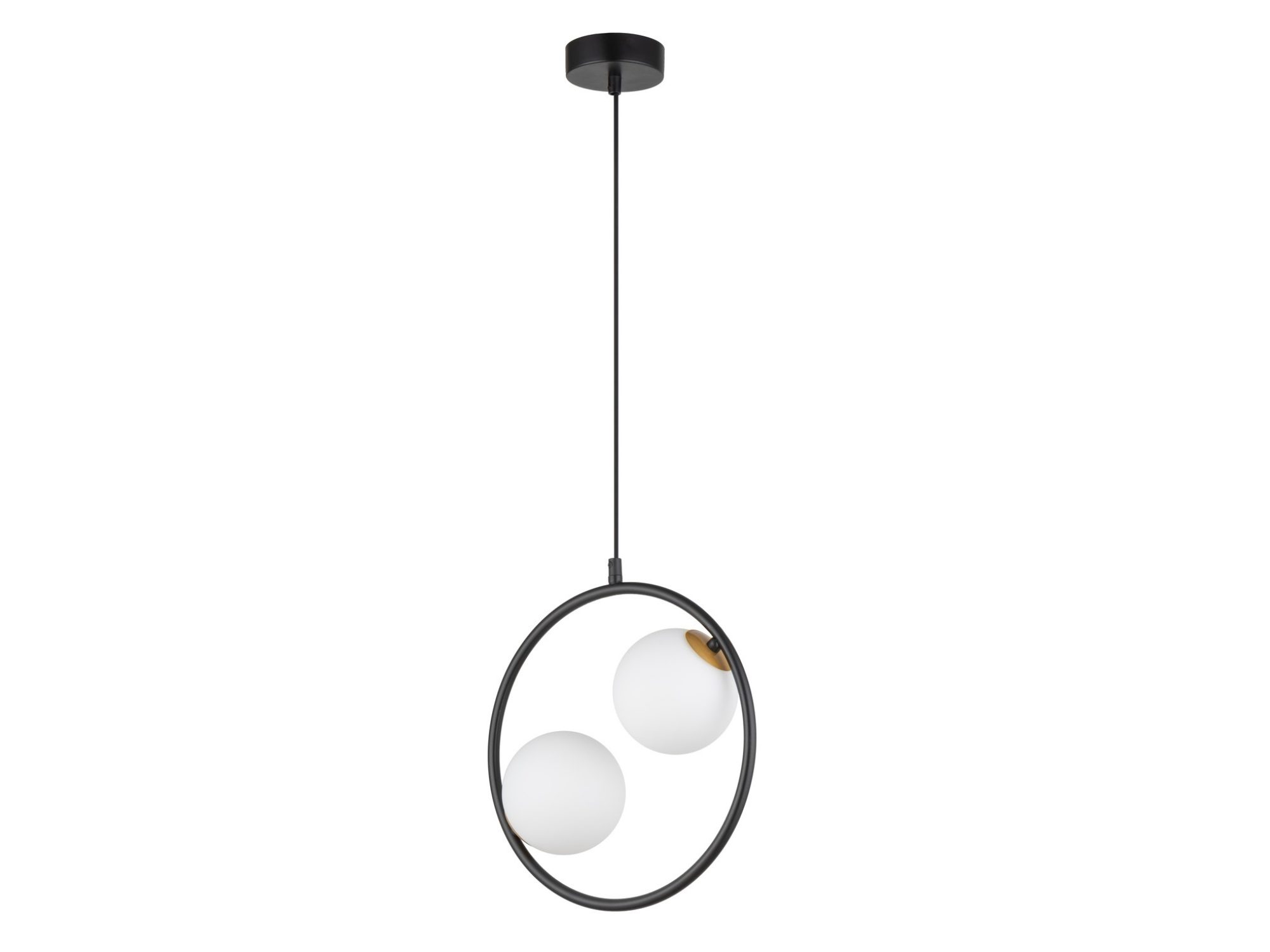 Lampa wisząca Aqua 2 czarna z dwoma białymi szklanymi kulami w stalowym okręgu, ujęcie całej lampy