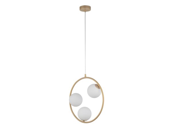 Lampa wisząca Aqua 3 złoty beż z trzema białymi kulami szklanymi na białym tle