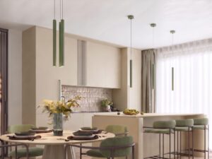 Miniaturka 3 - Lampa wisząca ARCANA 1 zielona oliwka nad stołem w jadalni