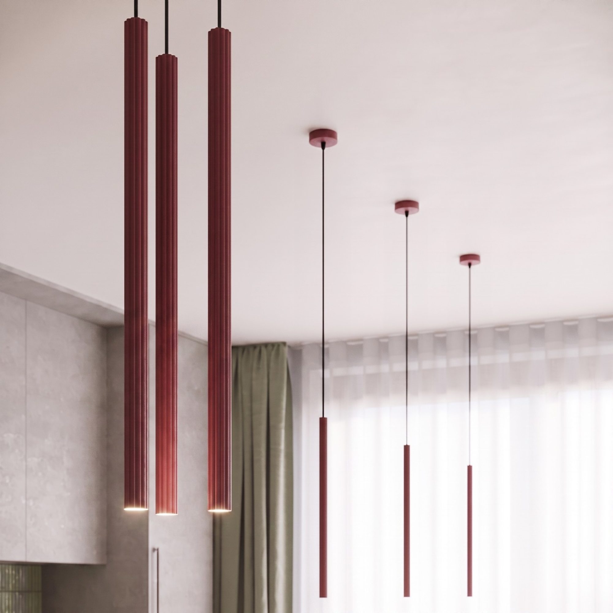 Lampa wisząca ARCANA 3P burgund nad stołem w jadalni