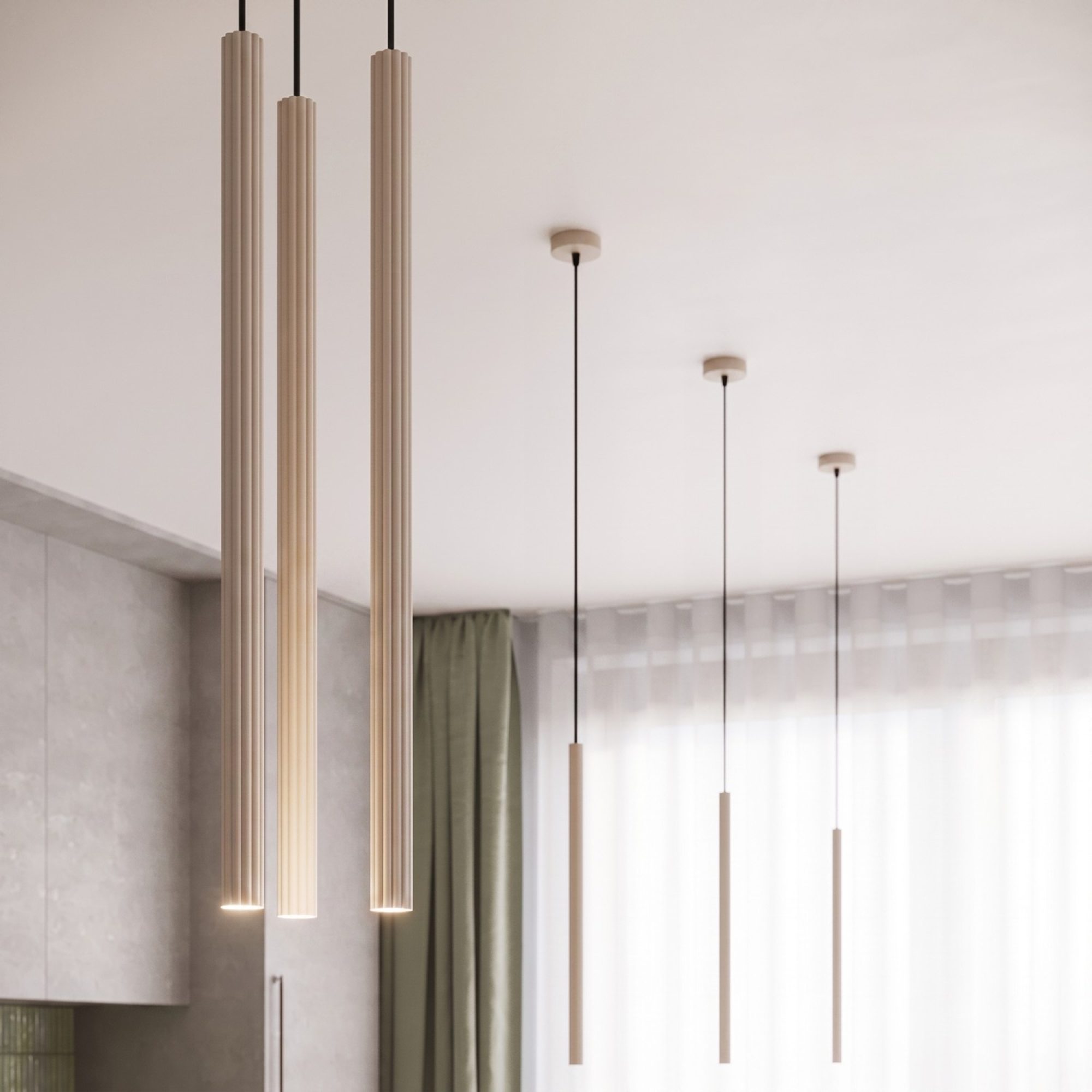 Lampa wisząca ARCANA 3P taupe nad stołem w jadalni