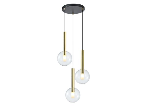 Złota lampa wisząca Arelano G9 z trzema szklanymi kulami na białym tle