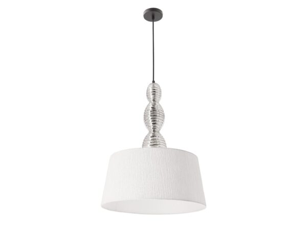 Lampa wisząca Aremena z białym materiałowym abażurem i dekoracją ze srebrzystego szkła
