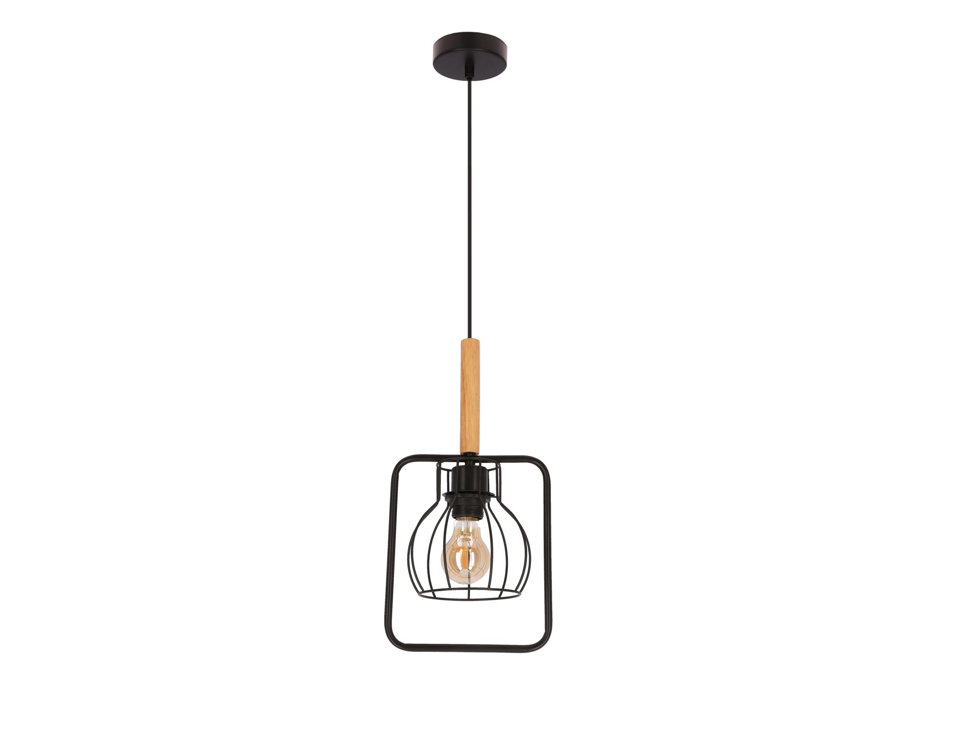 Czarna lampa wisząca Arilia z drewnianym detalem i podwójnym metalowym kloszem