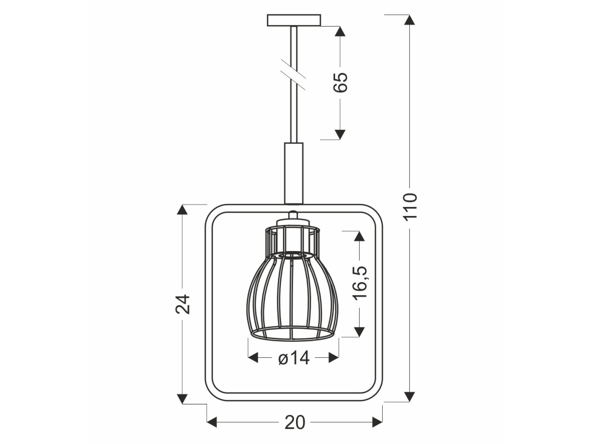 Rysunek wymiarowy lampy Arilia 110 cm wysokości i 20 cm szerokości