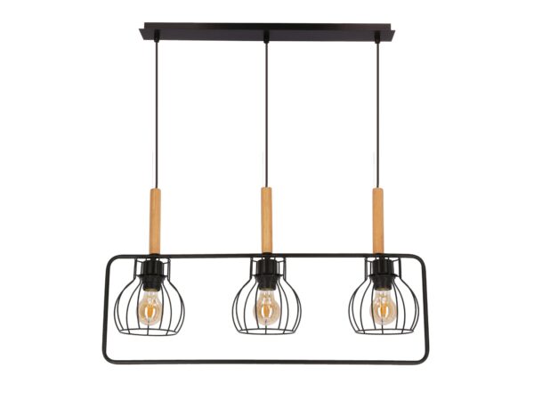 Lampa wisząca Arilia czarna z trzema ażurowymi kloszami i drewnianymi elementami