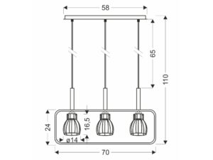 Miniaturka 1 - Rysunek wymiarowy lampy wiszącej Arilia z trzema kloszami o szerokości 70 cm