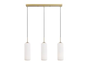 Miniaturka 6 - Złota lampa wisząca Arimeta z trzema białymi ryflowanymi kloszami na listwie