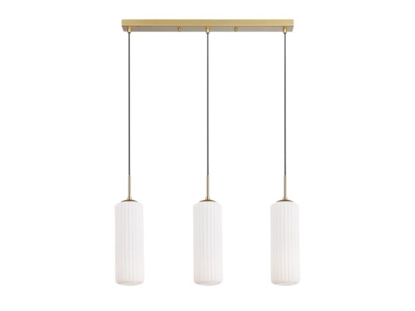 Złota lampa wisząca Arimeta z trzema białymi ryflowanymi kloszami na listwie