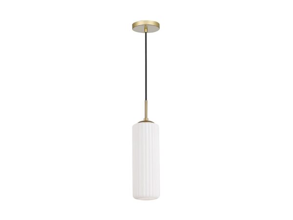 Złota lampa wisząca Arimeta z jednym białym ryflowanym kloszem na białym tle