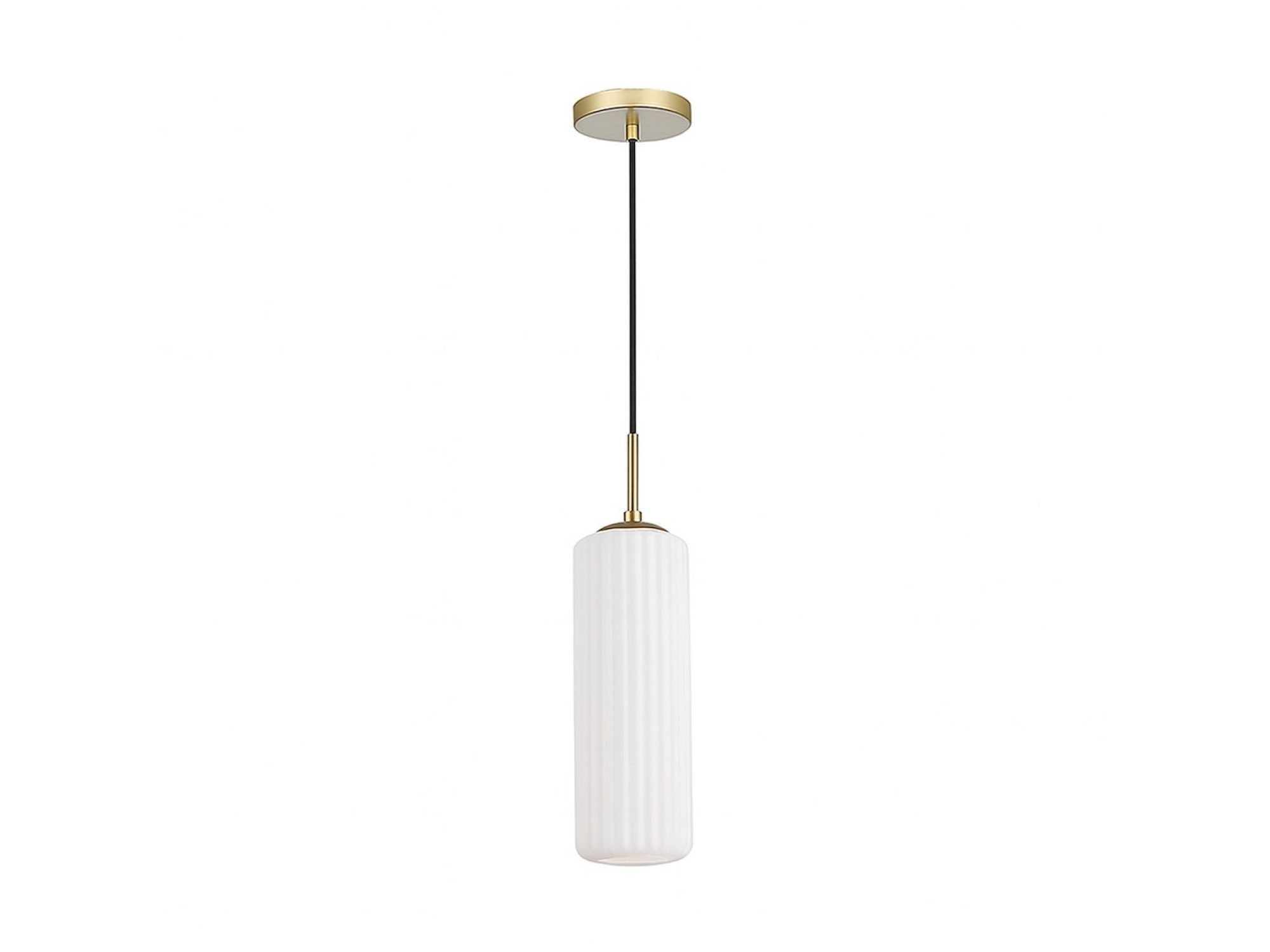 Złota lampa wisząca Arimeta z jednym białym ryflowanym kloszem na białym tle