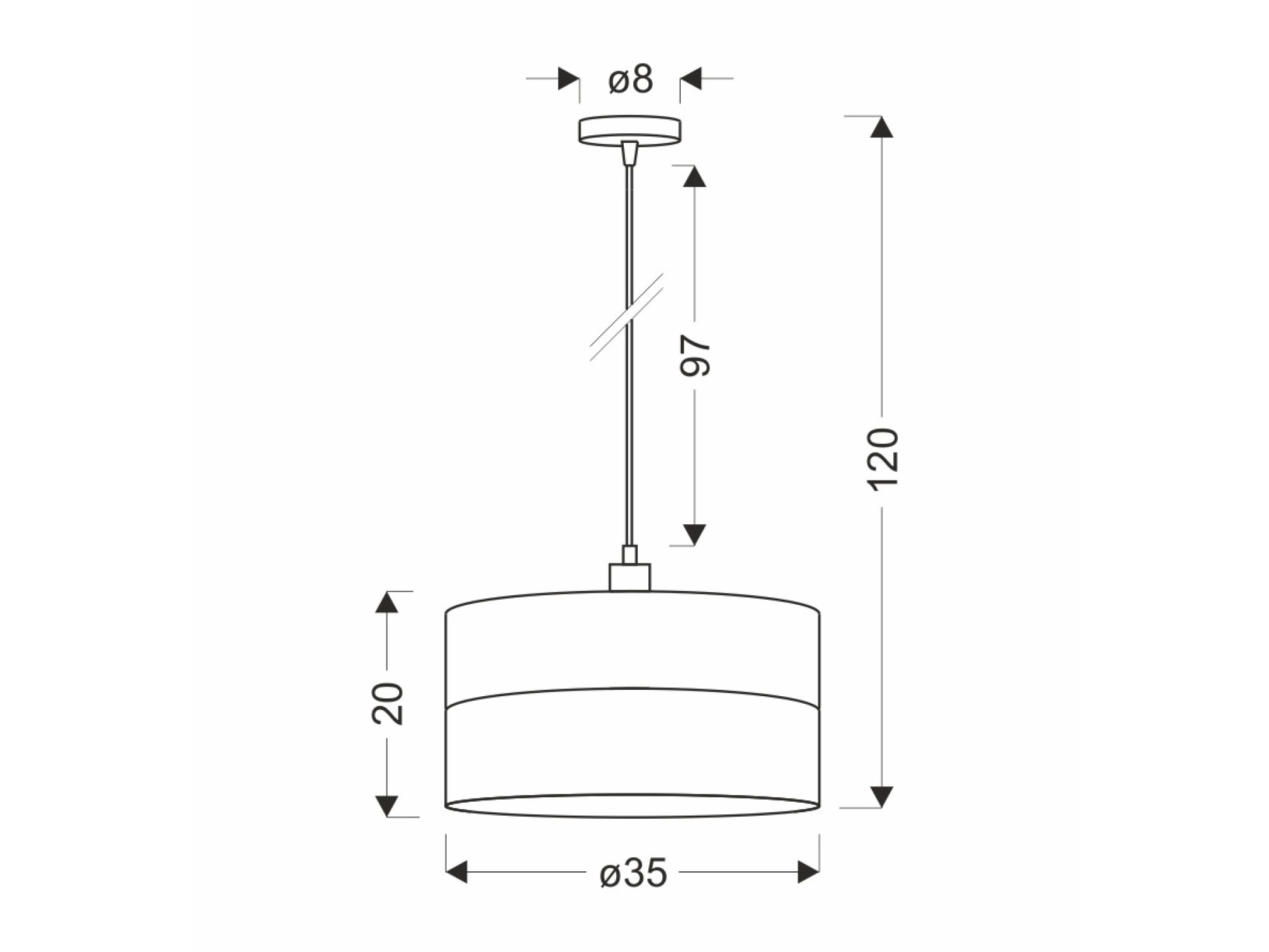 Rysunek wymiarowy lampy Aritia wysokość 120 cm klosz 35 cm