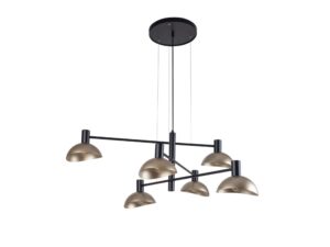 Miniaturka 2 - Lampa wisząca Artis 6 z czarnym korpusem i złotymi kloszami na białym tle