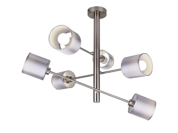 Lampa wisząca Astemona z sześcioma szarosrebrnymi abażurami na niklowanym stelażu