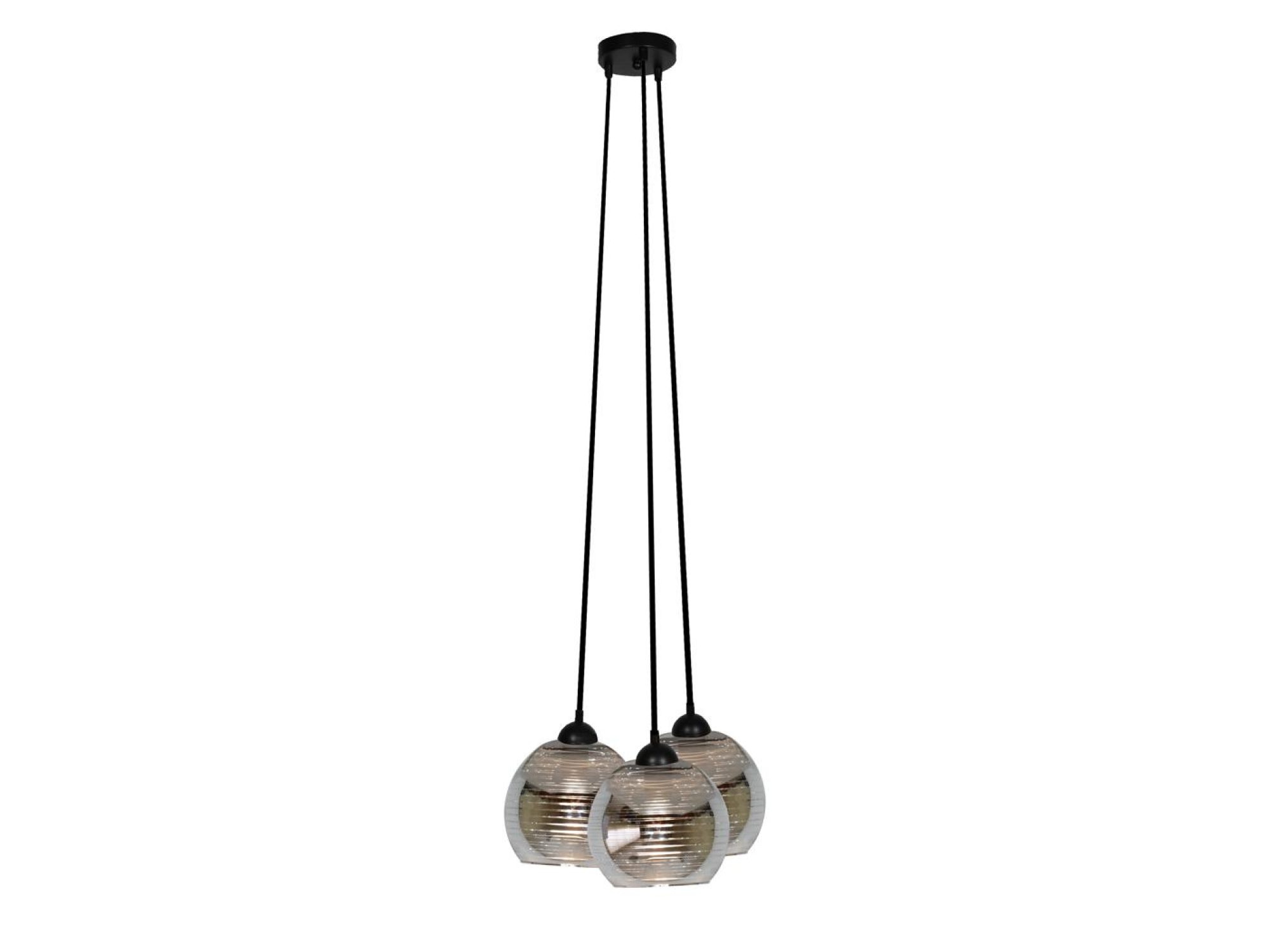Lampa wisząca Astomo w chromie z trzema szklanymi kloszami na białym tle
