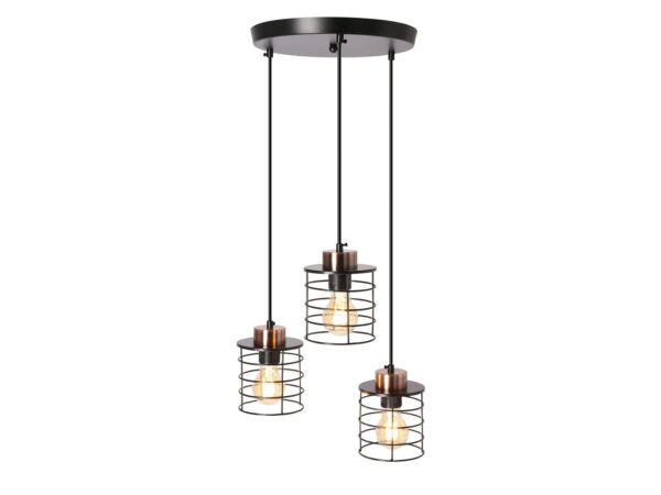 Lampa wisząca Astosa z trzema czarnymi metalowymi kloszami i złotymi akcentami