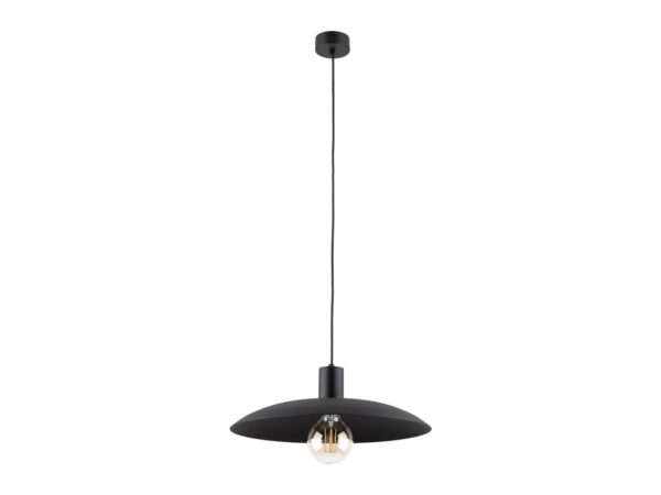Czarna lampa wisząca Astra z pojedynczym okrągłym kloszem na białym tle