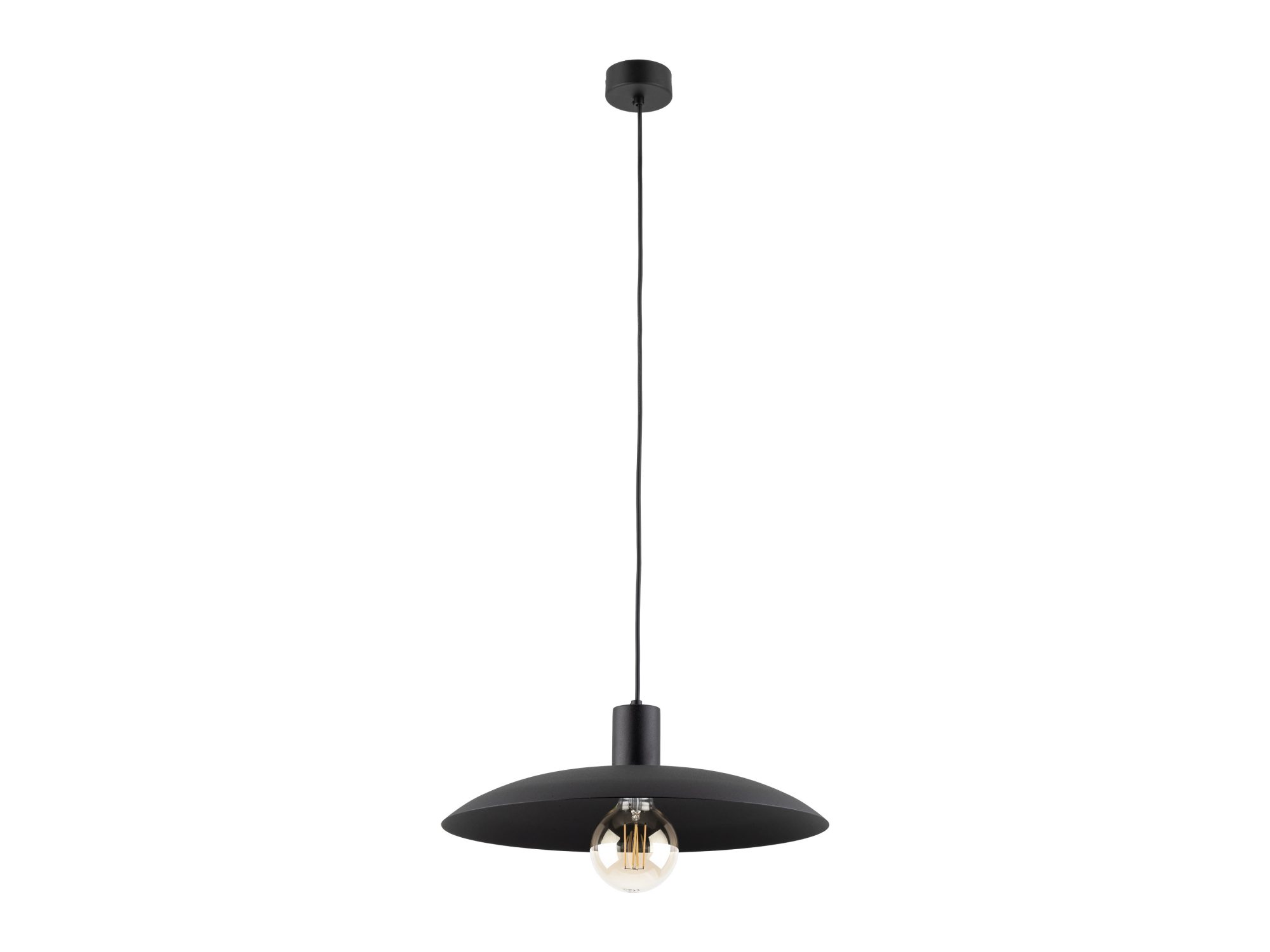 Czarna lampa wisząca Astra z pojedynczym okrągłym kloszem na białym tle