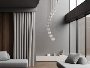 Miniaturka 1 - Lampa wisząca Aurora 16-punktowa z czarno-złotym stelażem w aranżacji wnętrza