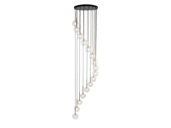 Lampa wisząca Aurora 16-punktowa z przezroczystymi szklanymi kloszami, ujęcie całej oprawy