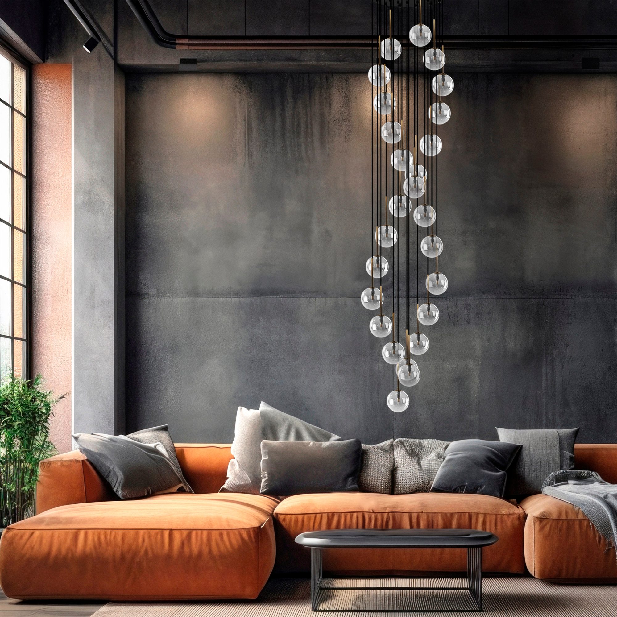Lampa wisząca Aurora 26-punktowa z rozbudowanym układem kloszy w aranżacji pomieszczenia