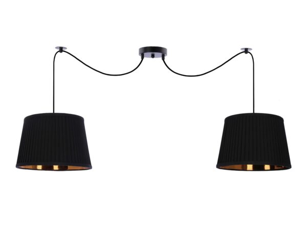 Lampa wisząca Avasora z dwoma czarnymi abażurami i łukami przewodów
