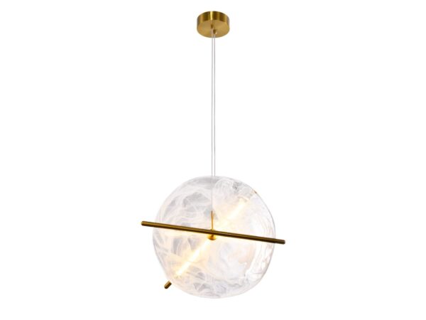 Lampa wisząca Avatona biały okrągły klosz i mosiężna listwa, na białym tle