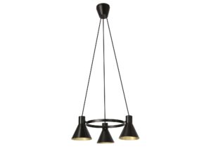 Miniaturka 3 - Lampa wisząca Avelano z trzema czarnymi metalowymi kloszami na białym tle.