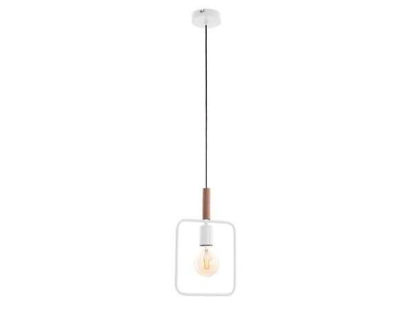 Lampa wisząca Avisena biała z kwadratową ramą i drewnianym detalem, na białym tle