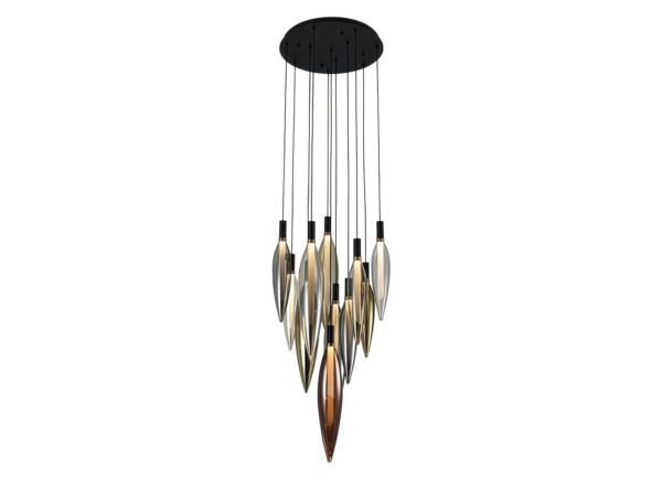 Lampa wisząca Avodela z jedenastoma szklanymi kloszami w różnych kolorach
