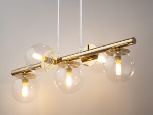 Miniaturka 3 - Lampa wisząca Avola 5 z przezroczystymi kulami i widocznymi żarówkami, ujęcie z bliska