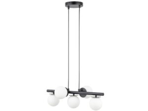 Miniaturka 4 - Lampa wisząca Avola kulki 5 z czarną belką i pięcioma białymi szklanymi kloszami, pełne ujęcie