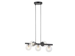 Miniaturka 5 - Lampa wisząca Avola kulki 5 z czarnym korpusem i pięcioma przezroczystymi szklanymi kulami, pełny widok