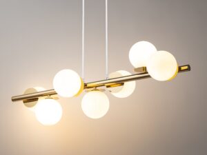 Miniaturka 6 - Lampa wisząca Avola kulki 7 złota z zapalonymi białymi kloszami, zbliżenie