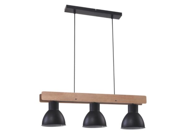 Czarna lampa wisząca Avosira z trzema kloszami i drewnianą belką