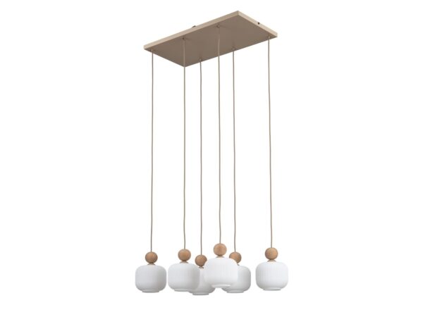 Sześciopunktowa lampa wisząca Ballo z białymi szklanymi kloszami