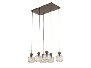 Miniaturka 2 - Lampa wisząca Ballo z sześcioma koniakowymi kloszami i detalami orzechowymi
