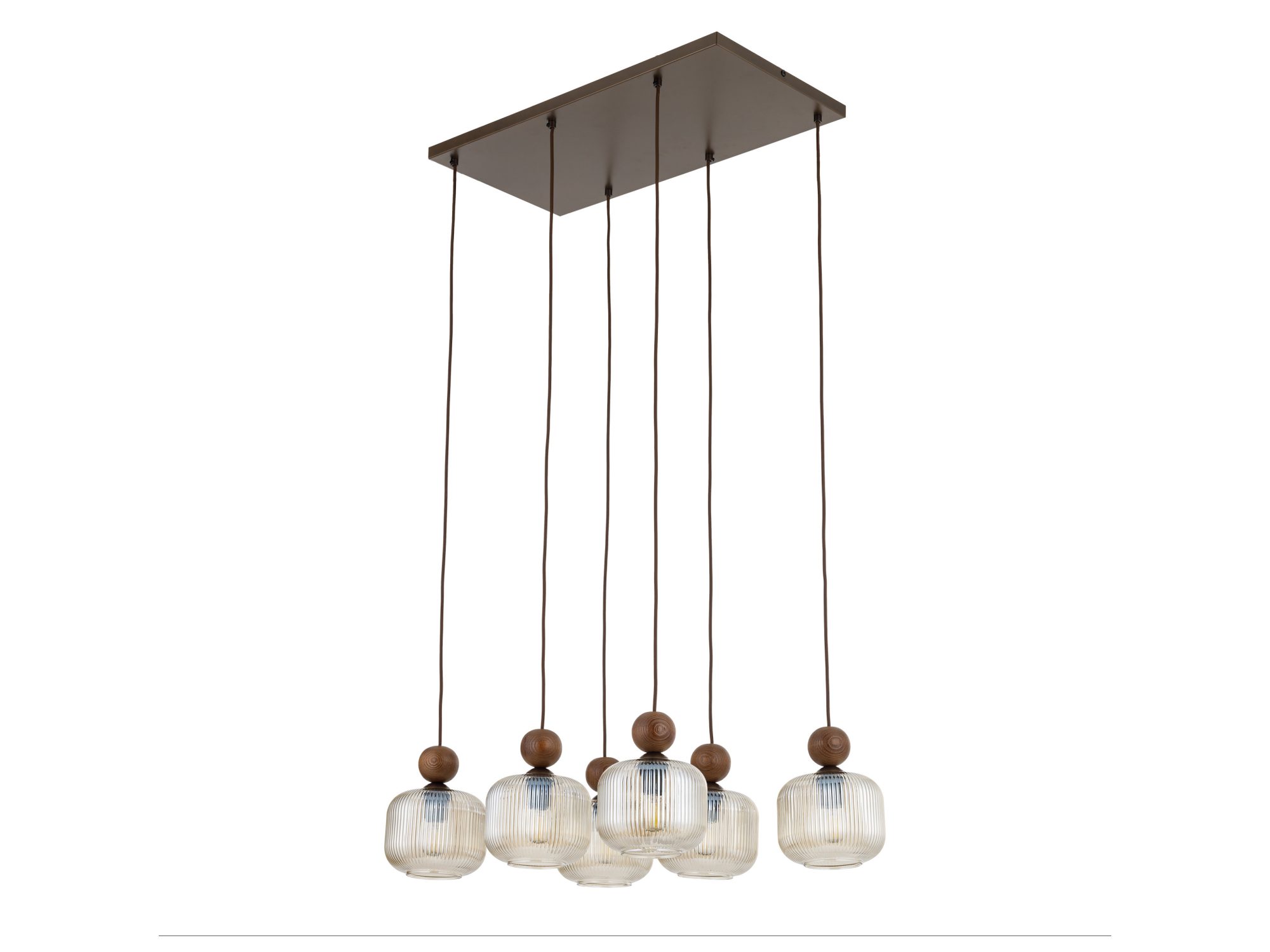 Lampa wisząca Ballo z sześcioma koniakowymi kloszami i detalami orzechowymi