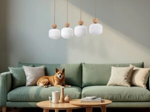 Miniaturka 1 - Czteropunktowa lampa wisząca Ballo z drewnianymi detalami w aranżacji wnętrza