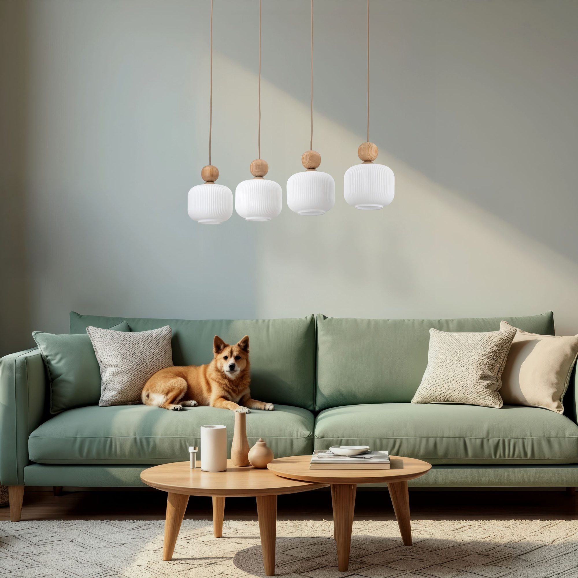 Czteropunktowa lampa wisząca Ballo z drewnianymi detalami w aranżacji wnętrza