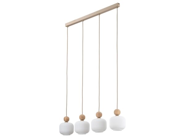 Lampa wisząca Ballo z czterema białymi szklanymi kloszami i beżowym stelażem