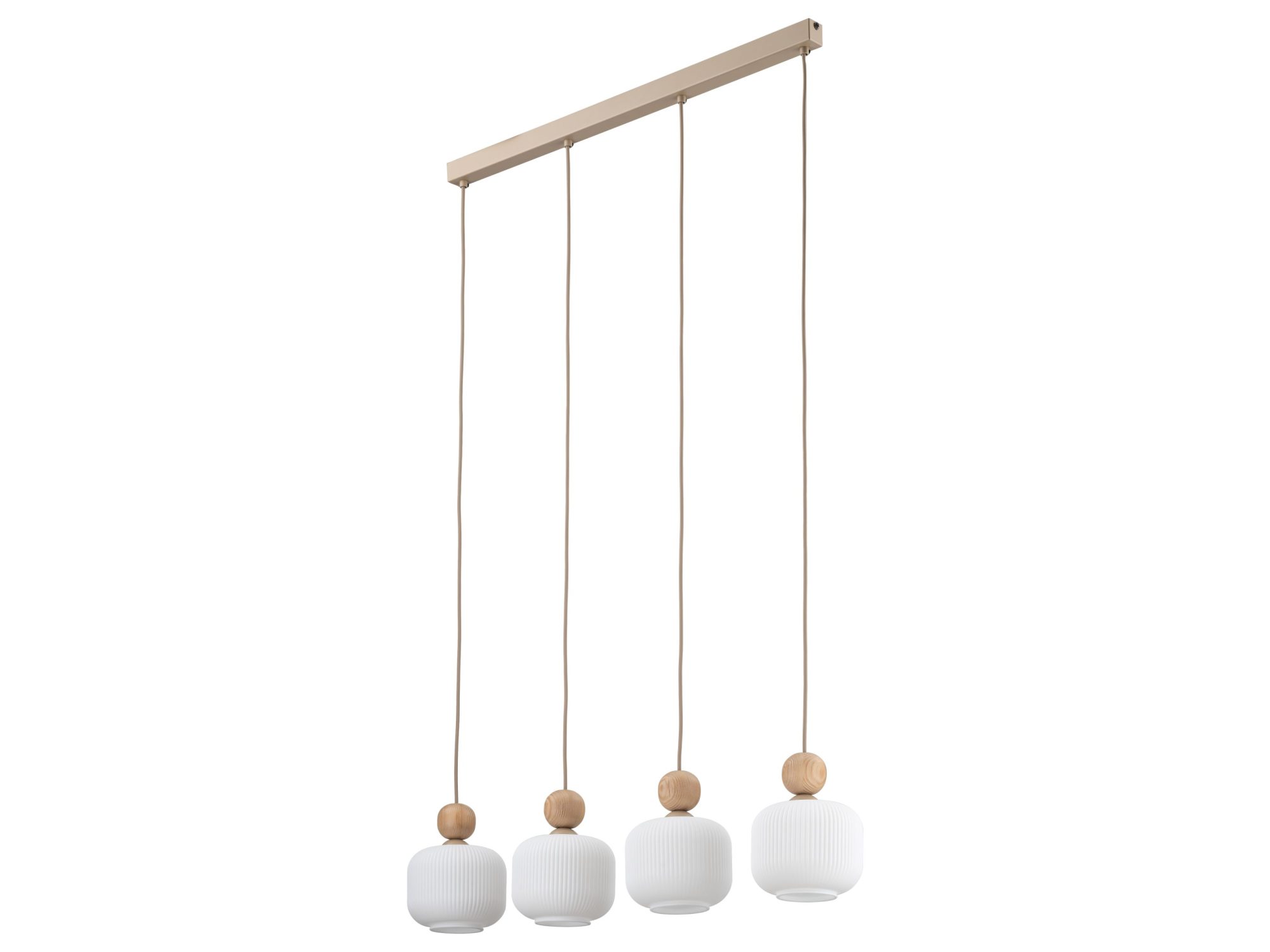 Lampa wisząca Ballo z czterema białymi szklanymi kloszami i beżowym stelażem