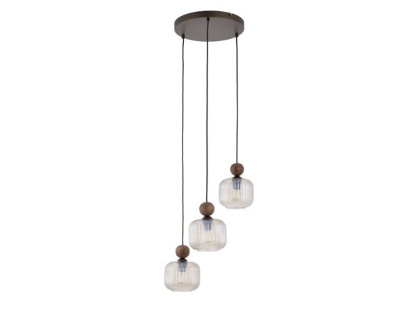Lampa wisząca Ballo Koło z trzema koniakowymi kloszami i orzechowym wykończeniem