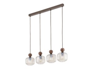 Miniaturka 2 - Lampa wisząca Ballo Listwa 4-punktowa z ryflowanymi szklanymi kloszami i detalami w kolorze orzecha na białym tle